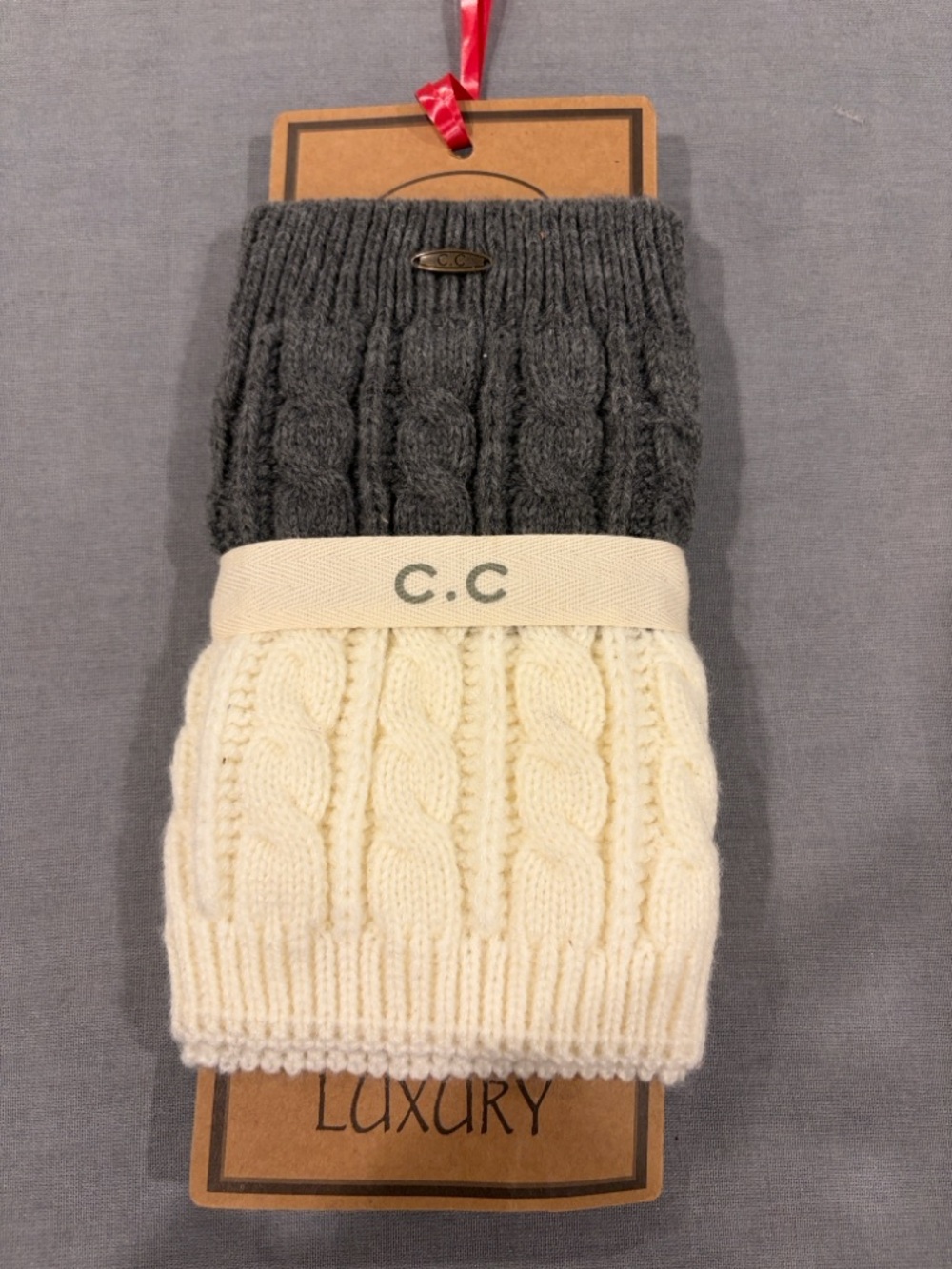C.C Two-Tone Cable Knit Boot Cuff in Gray & Cream 6  long